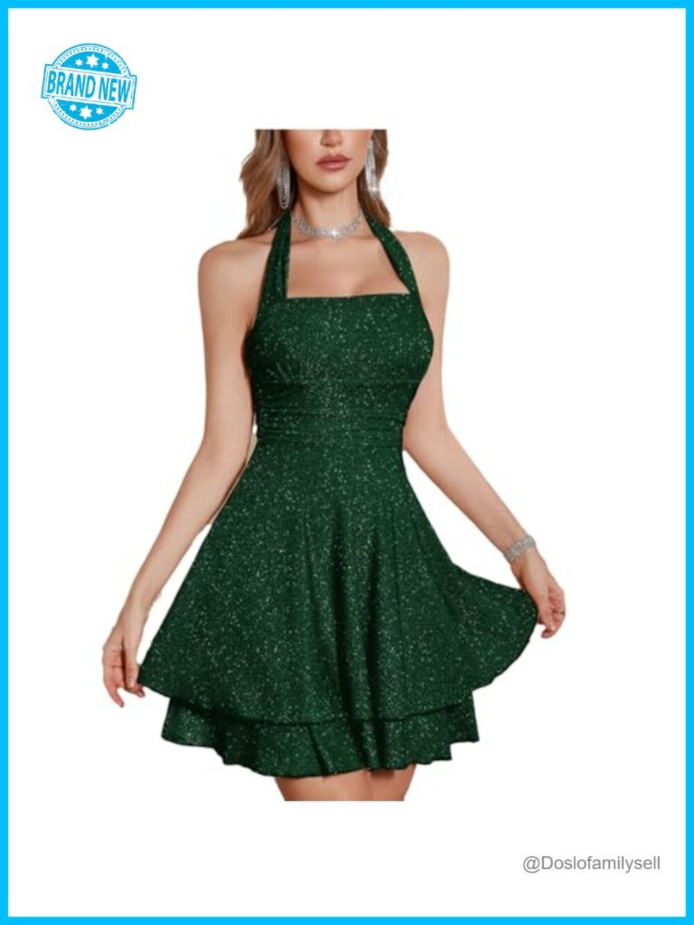 Sparkly Halter Dress Sleeveless Square Neck Sequin Cocktail Party Evening